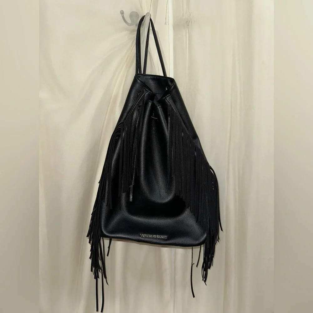 Victoria's Secret Black Faux Leather Fringe Hobo Women's Backpack